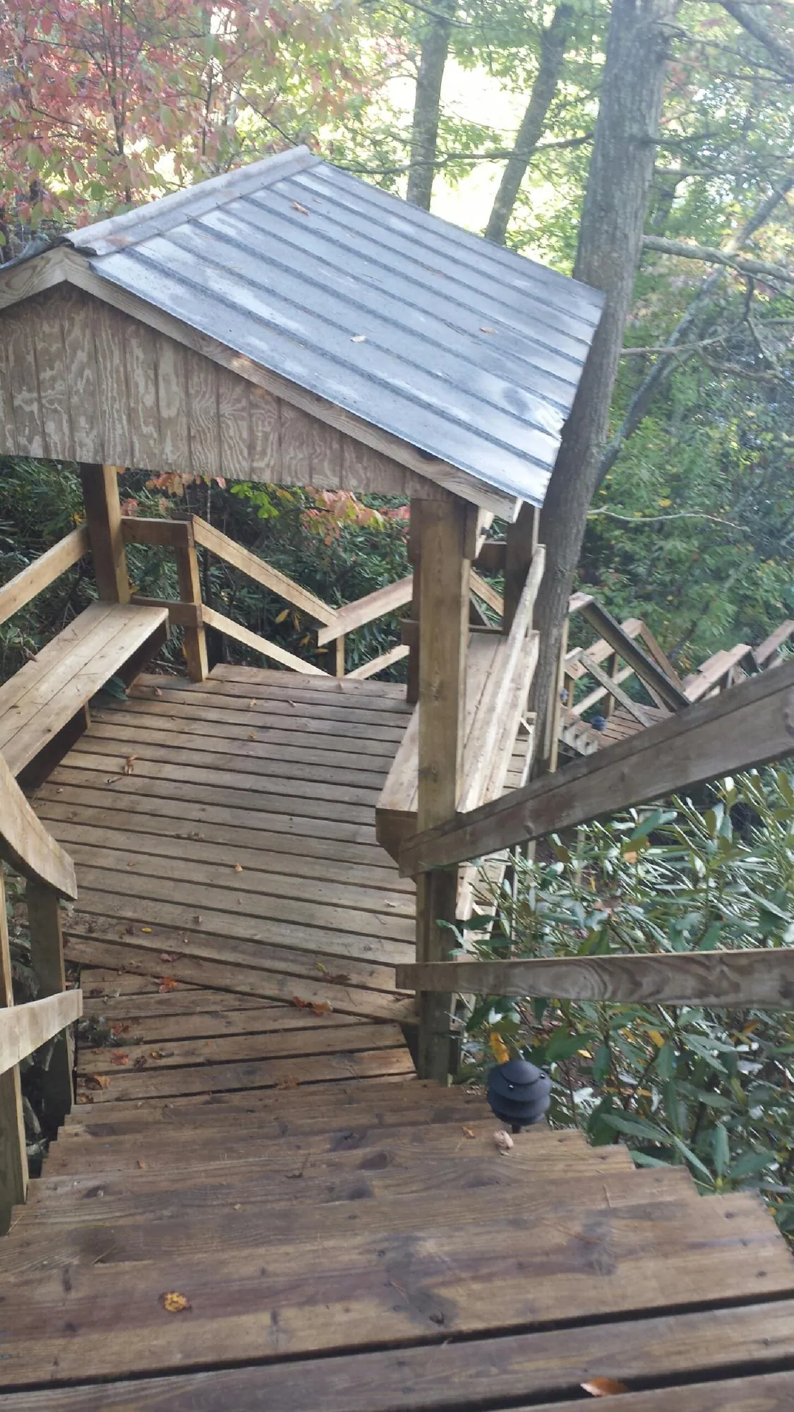 Metal roofed shelter over wooden steps on a wooded walkway — Skylight Repair & Installation work by our crew in Casstown